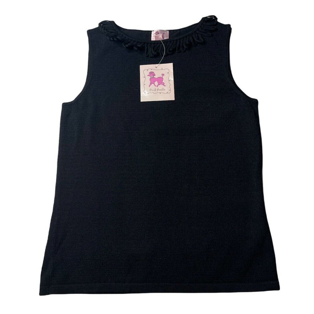NEW Womens Pink Poodle Solid Black Knit Tank Top with Loopy Fringe Trim Size S